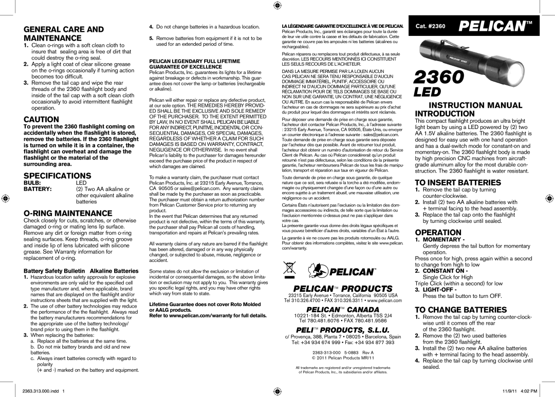 Pelican 2360 LED instruction manual General Care Maintenance, Specifications, Ring Maintenance, To Insert Batteries 