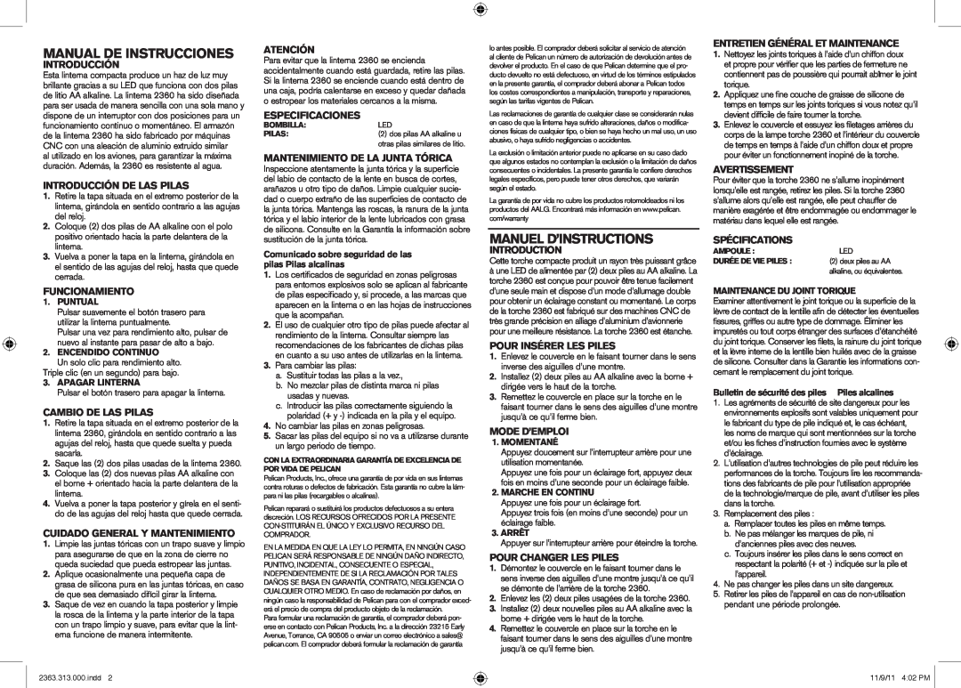 Pelican 2360 LED instruction manual Manual De Instrucciones, Manuel D’Instructions 