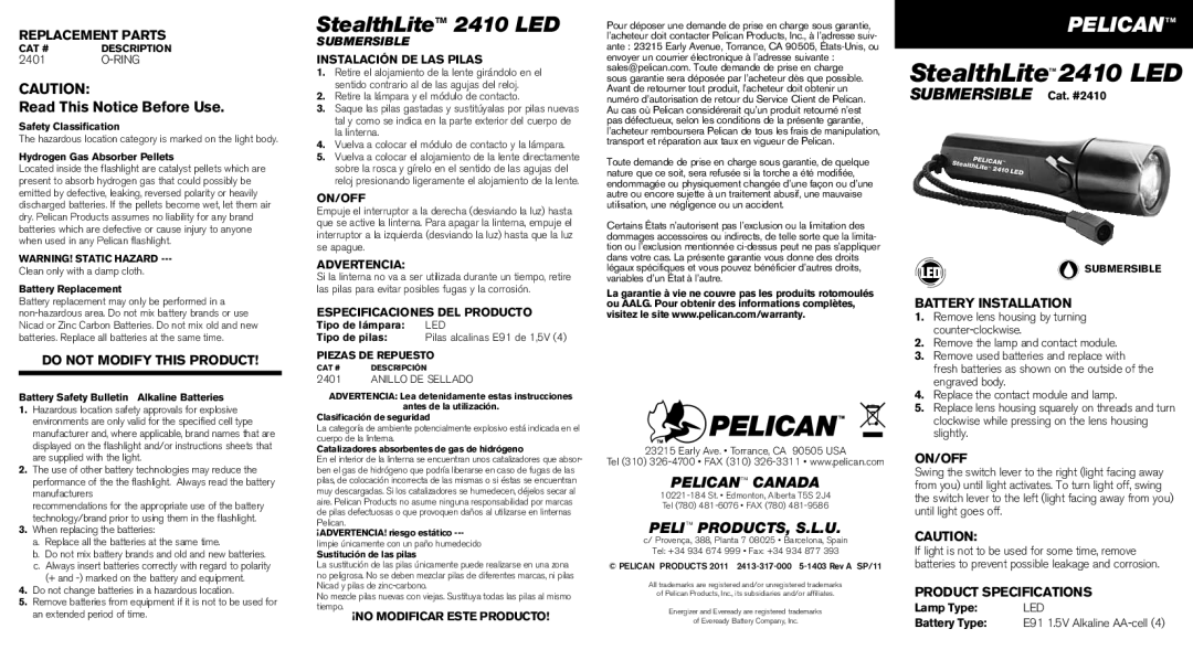 Pelican 2410 specifications Replacement Parts, Do not Modify this Product, Battery Installation, On/Off 