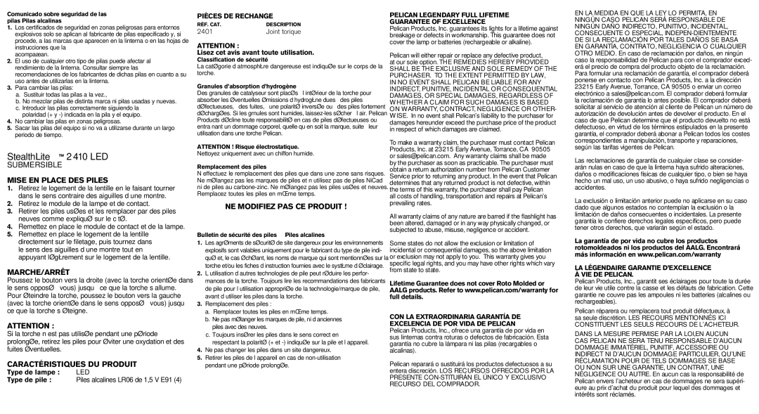 Pelican 2410 specifications Mise EN Place DES Piles, Marche/Arrêt, Caractéristiques DU Produit, NE Modifiez PAS CE Produit 