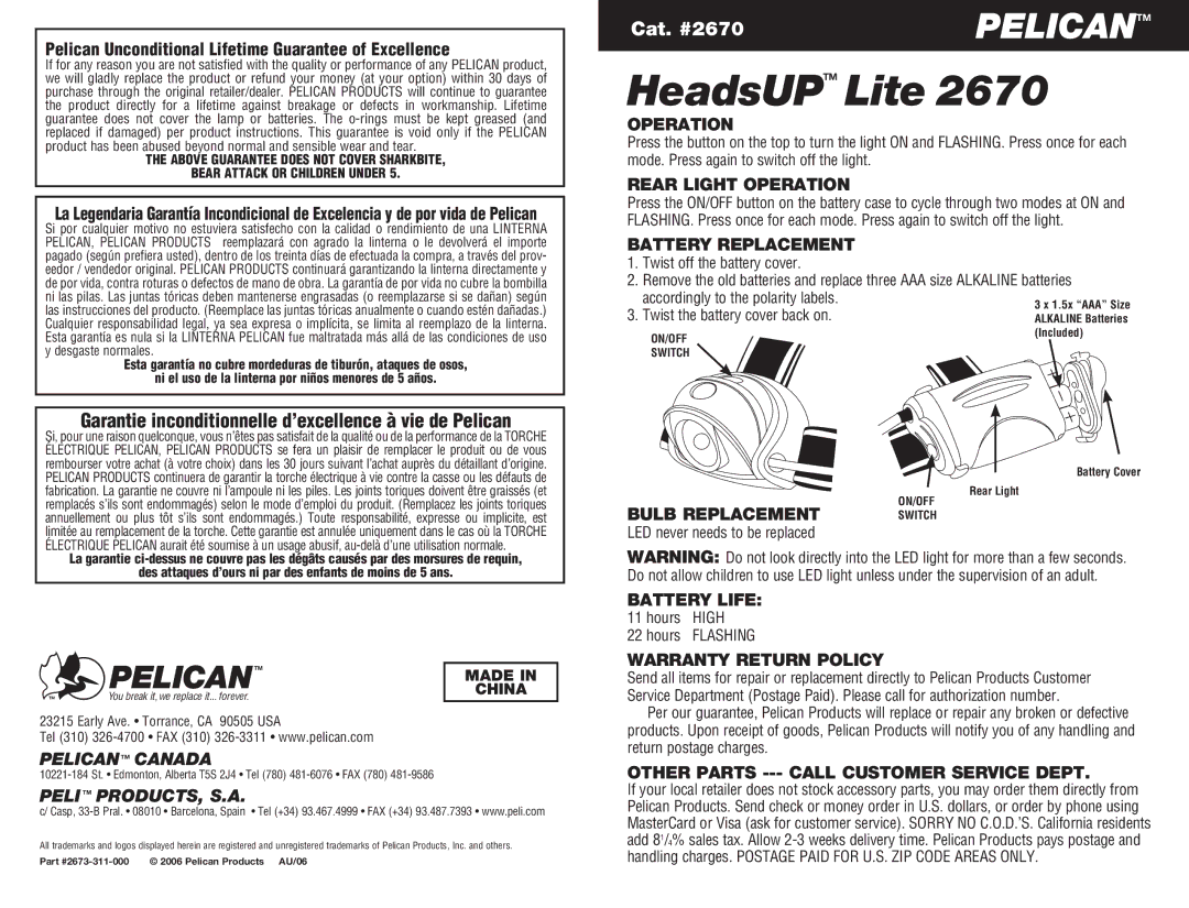 Pelican 2670 warranty Rear Light Operation, Battery Replacement, Bulb Replacement, Battery Life 