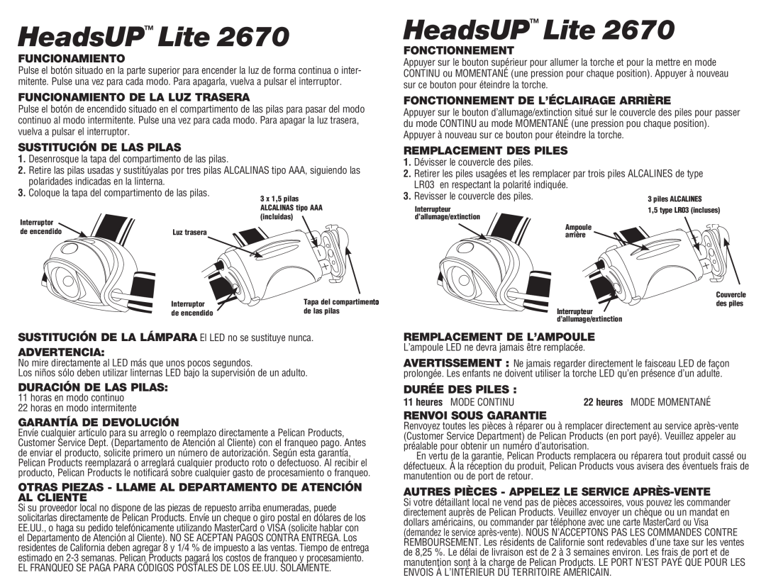 Pelican 2670 warranty HeadsUPTM Lite, Funcionamiento 