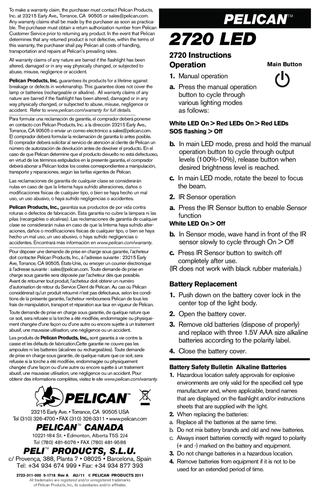 Pelican 2720 warranty Instructions Operation, Battery Replacement 