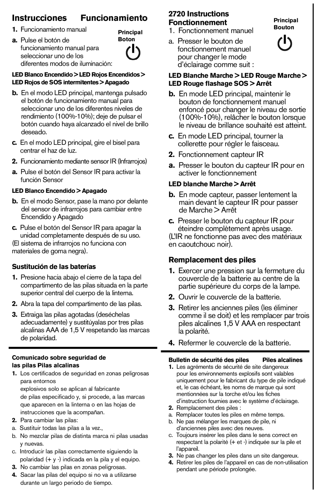 Pelican 2720 warranty Instructions, Fonctionnement manuel, Remplacement des piles, Sustitución de las baterías 