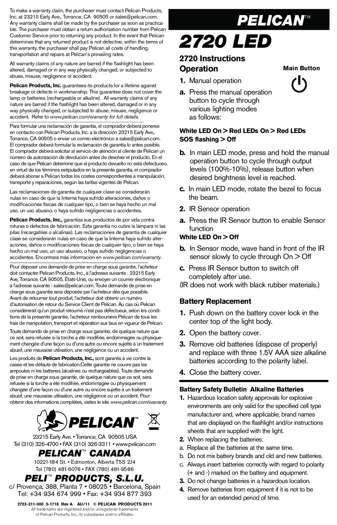 Pelican warranty Instructions, Operation, Battery Replacement, 2720 LED, Pelicantm Canada, Pelitm Products, S.L.U 
