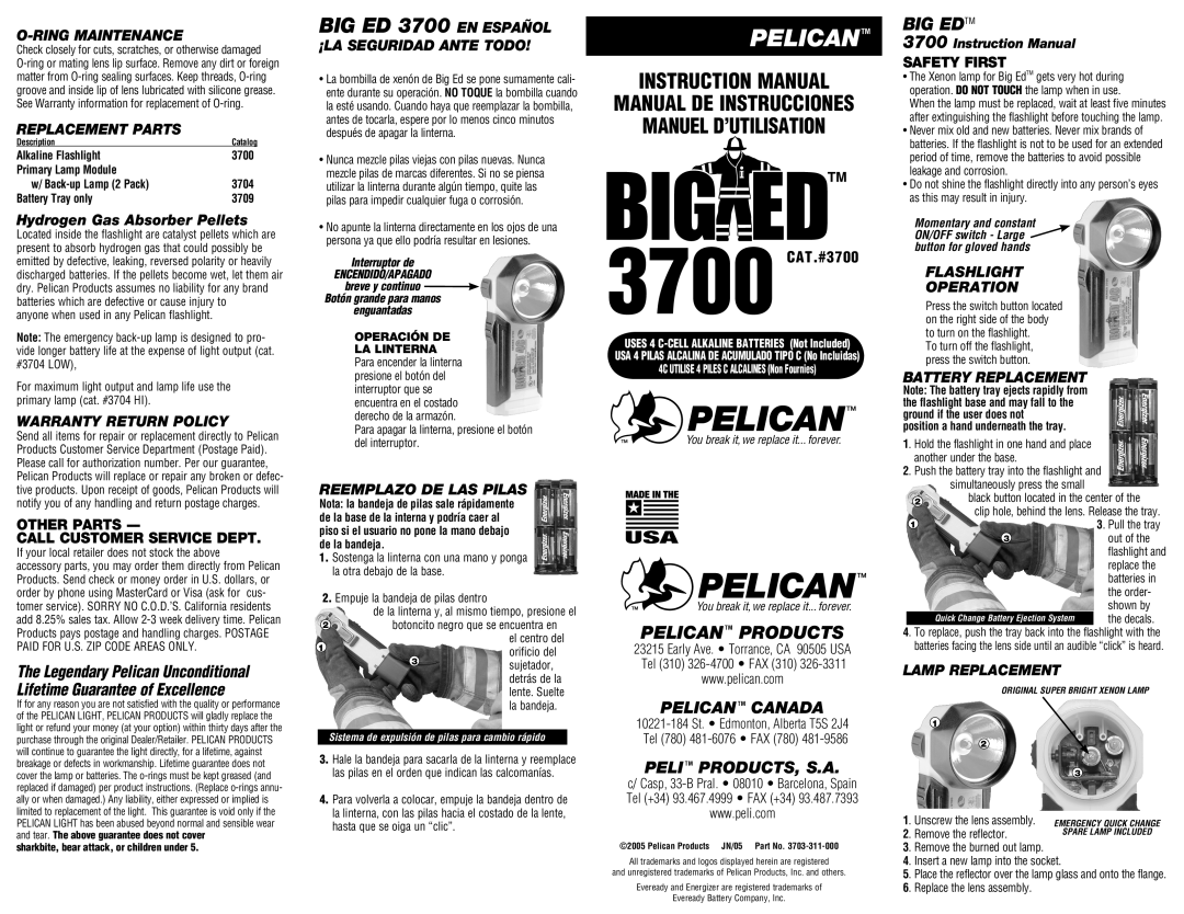 Pelican 3700 warranty Ring Maintenance, Replacement Parts, ¡LA Seguridad Ante Todo, Flashlight Operation, Lamp Replacement 