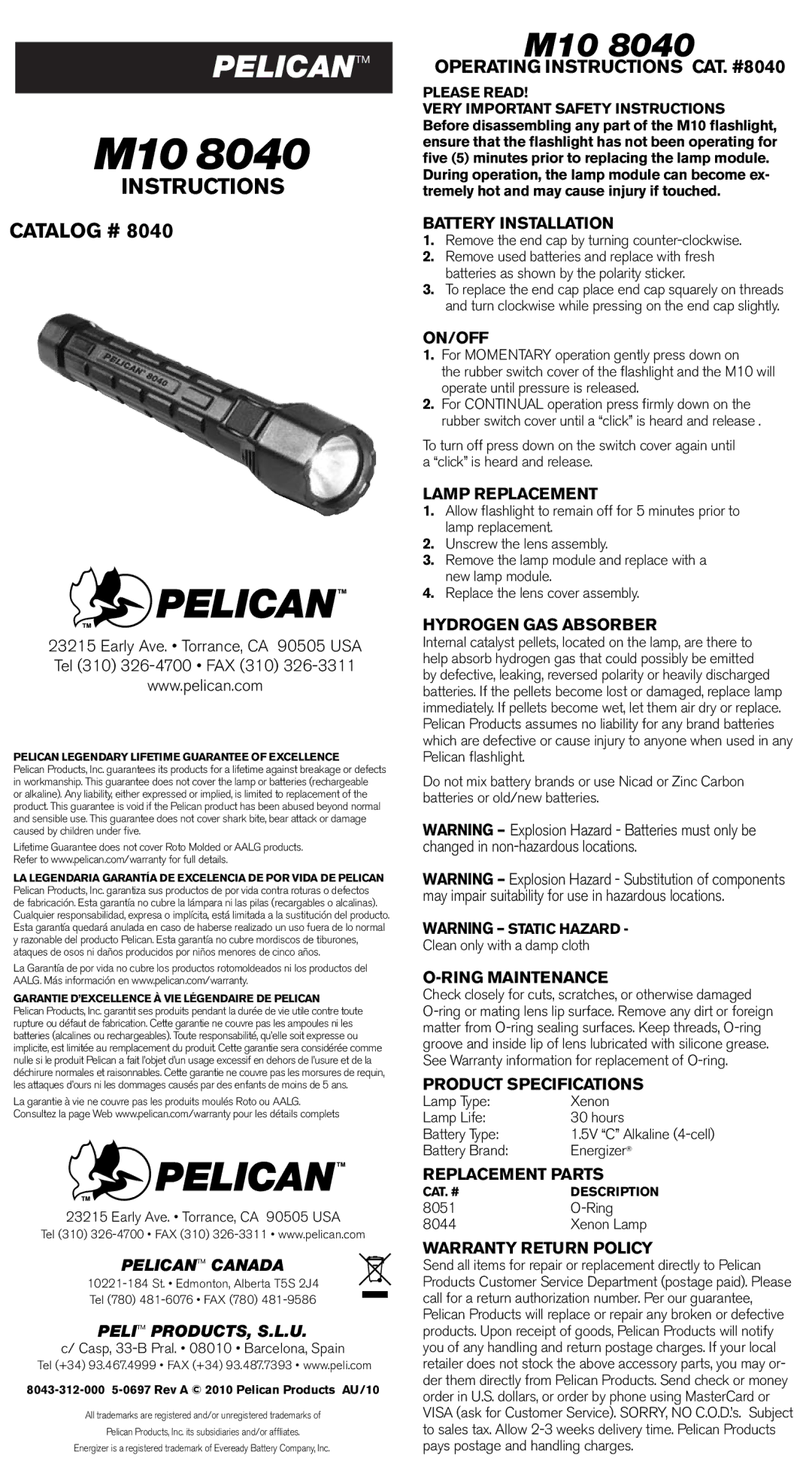 Pelican M10 8040 operating instructions Battery Installation, On/Off, Lamp Replacement, Hydrogen GAS Absorber 