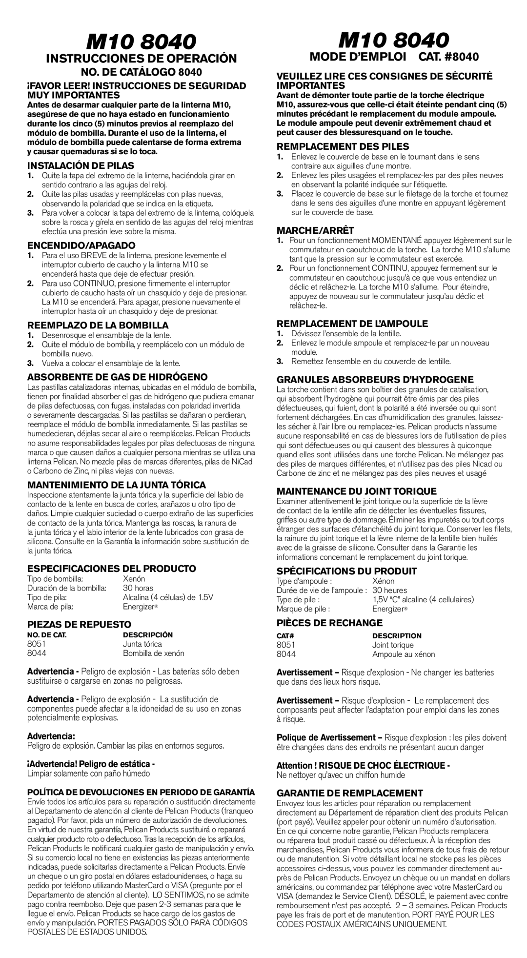 Pelican M10 8040 operating instructions NO. DE Catálogo 