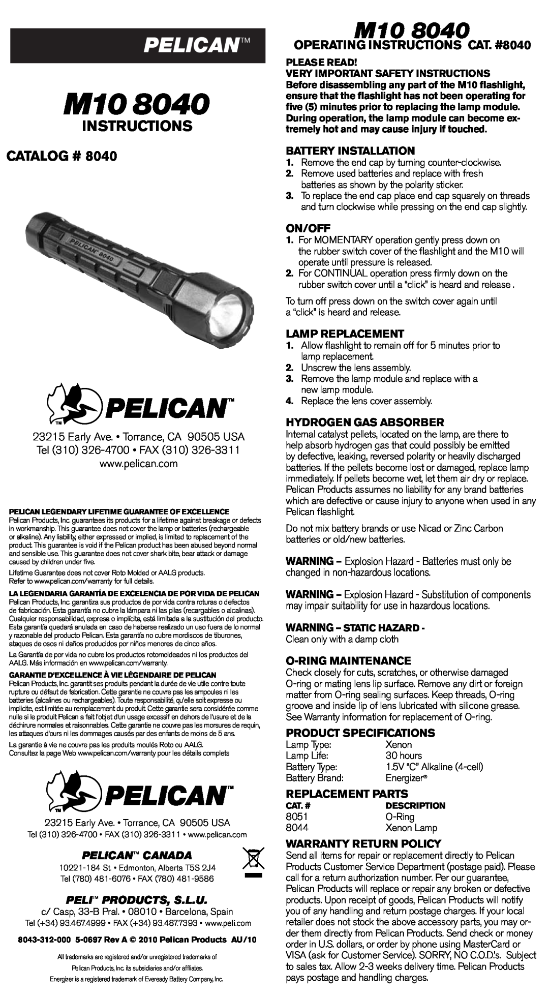 Pelican M10 8040 operating instructions OPERATING INSTRUCTIONS CAT. #8040, Battery Installation, On/Off, Lamp Replacement 