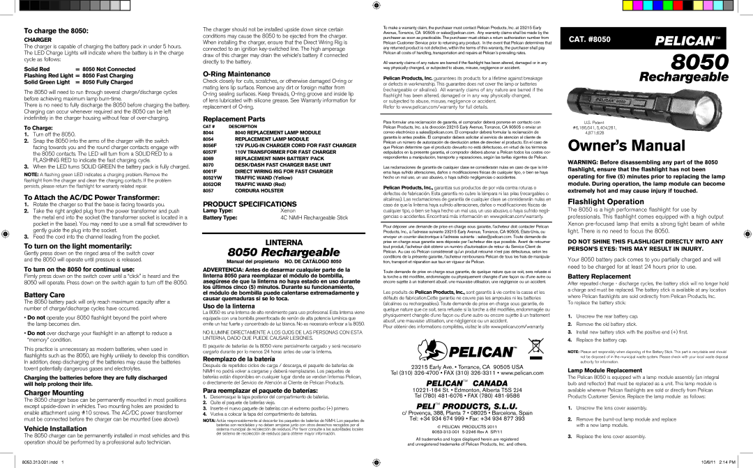 Pelican 8050 owner manual To charge, To Attach the AC/DC Power Transformer, To turn on the light momentarily, Battery Care 