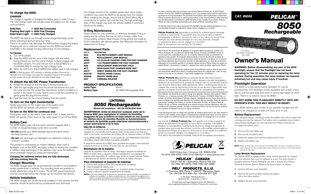 Pelican 8050 owner manual To charge the, To Attach the AC/DC Power Transformer, To turn on the light momentarily, Pelican 
