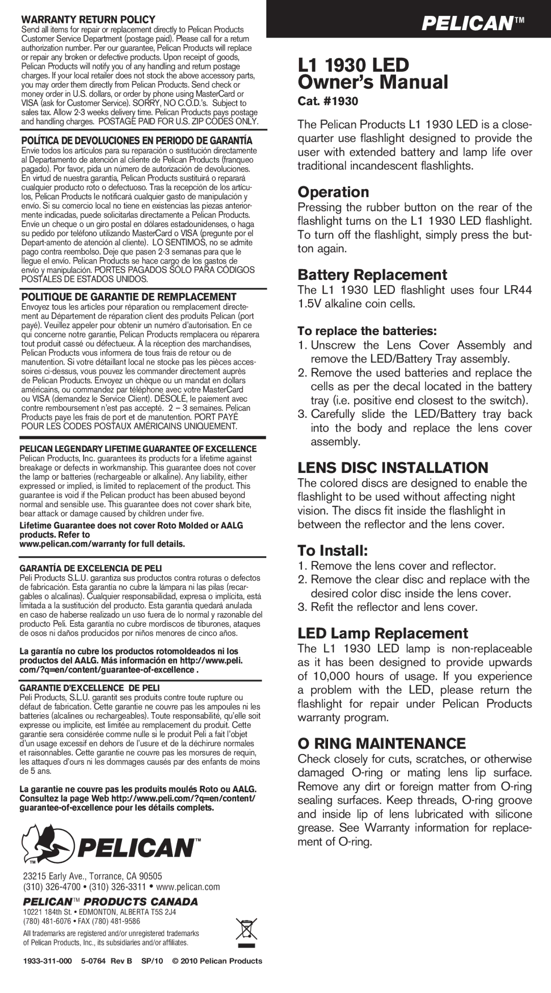 Pelican L1 1930 owner manual Operation, Battery Replacement, To Install, LED Lamp Replacement 