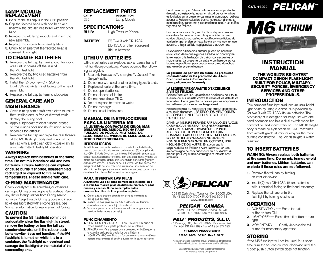 Pelican M6 instruction manual Lamp Module Replacement, To Change Batteries, General Care Maintenance, Ring Maintenance 