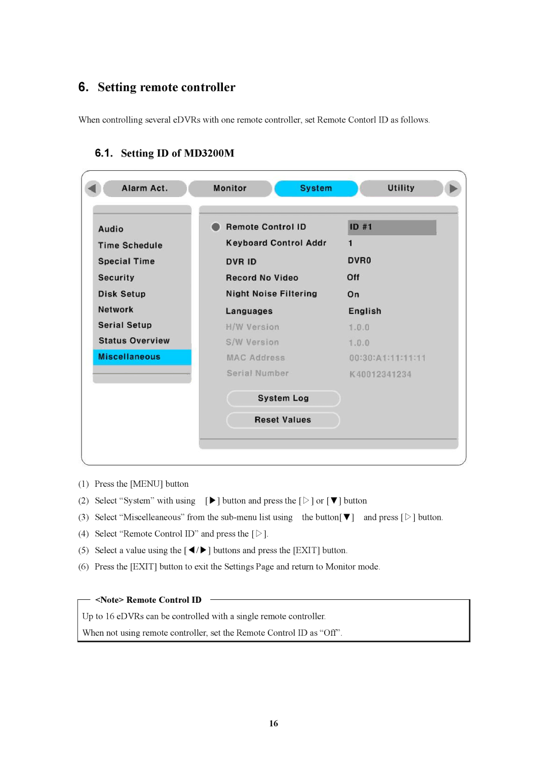 Pelican manual Setting remote controller, Setting ID of MD3200M 