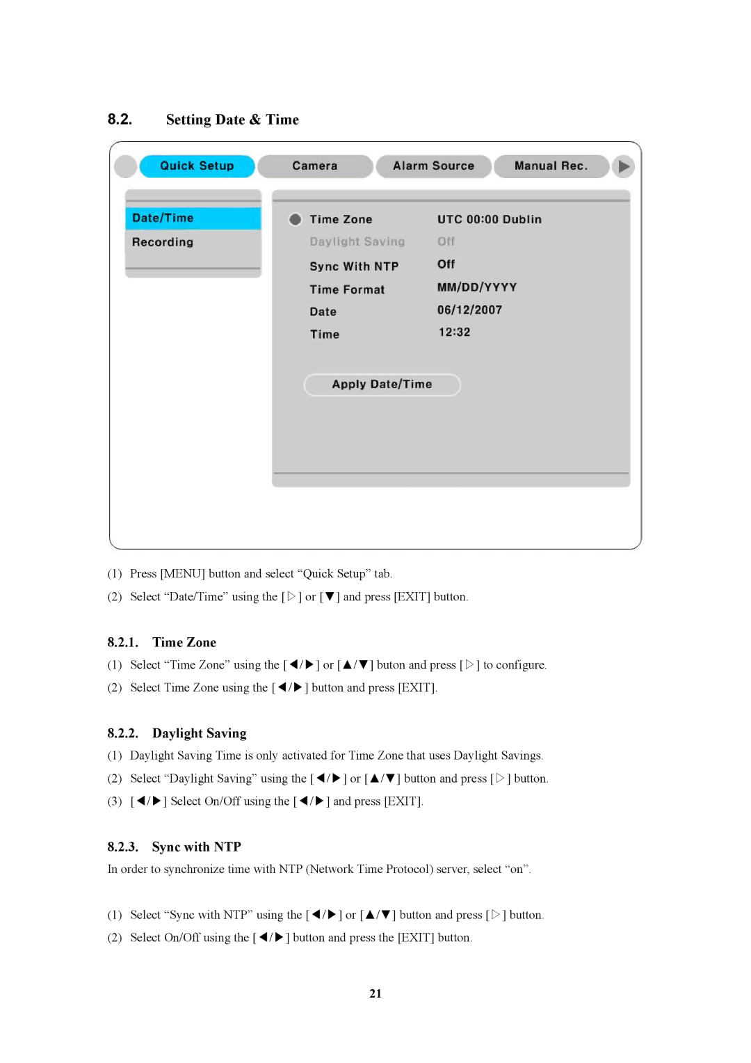 Pelican MD3200M manual Setting Date & Time, Time Zone, Daylight Saving, Sync with NTP 