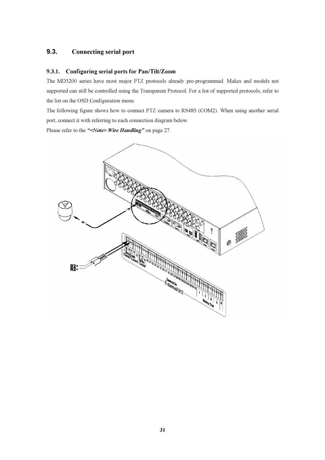 Pelican MD3200M manual Connecting serial port, Configuring serial ports for Pan/Tilt/Zoom 