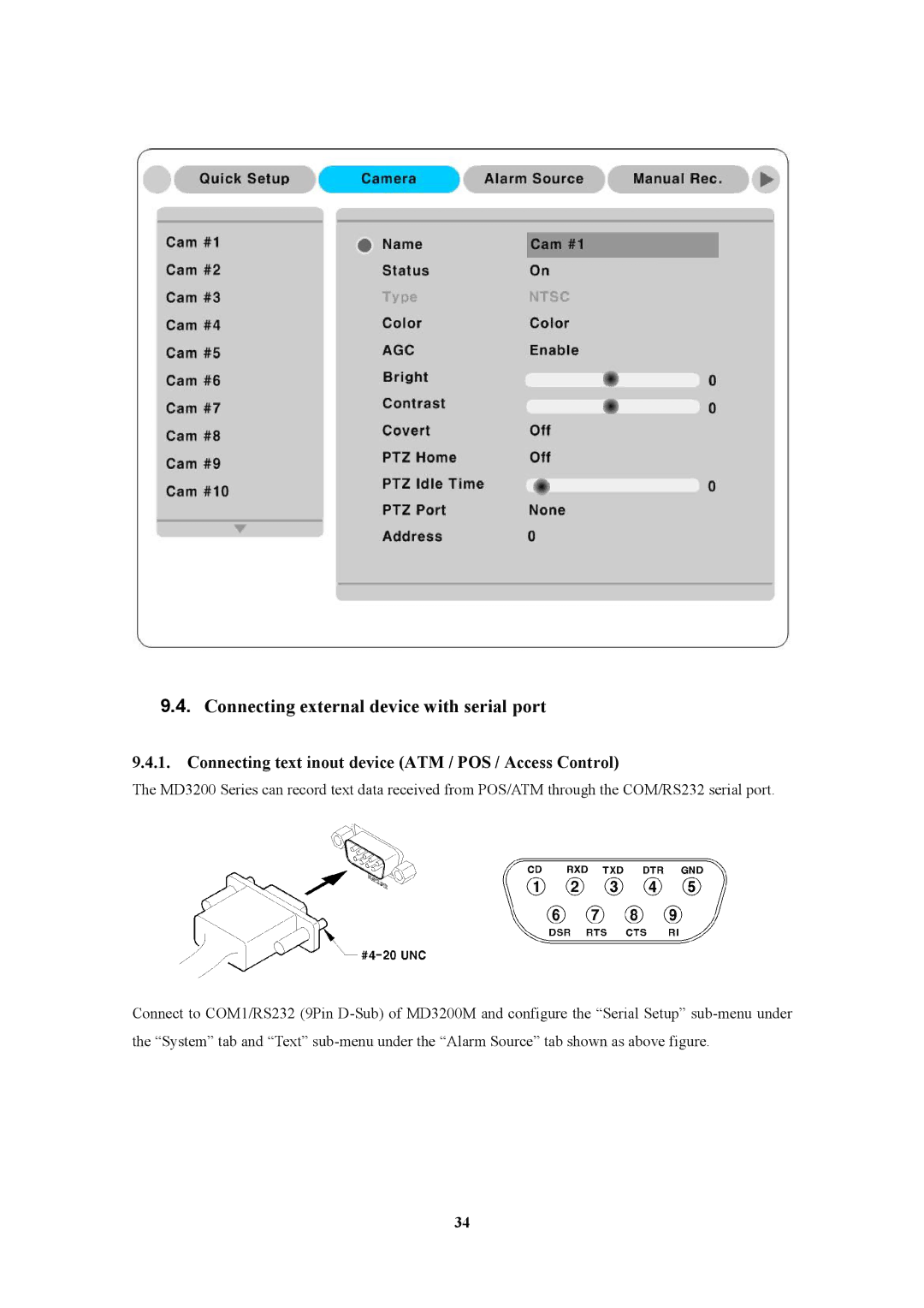 Pelican MD3200M manual Connecting external device with serial port, Connecting text inout device ATM / POS / Access Control 