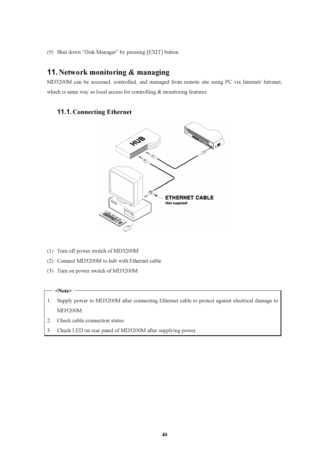 Pelican MD3200M manual Network monitoring & managing, Connecting Ethernet 