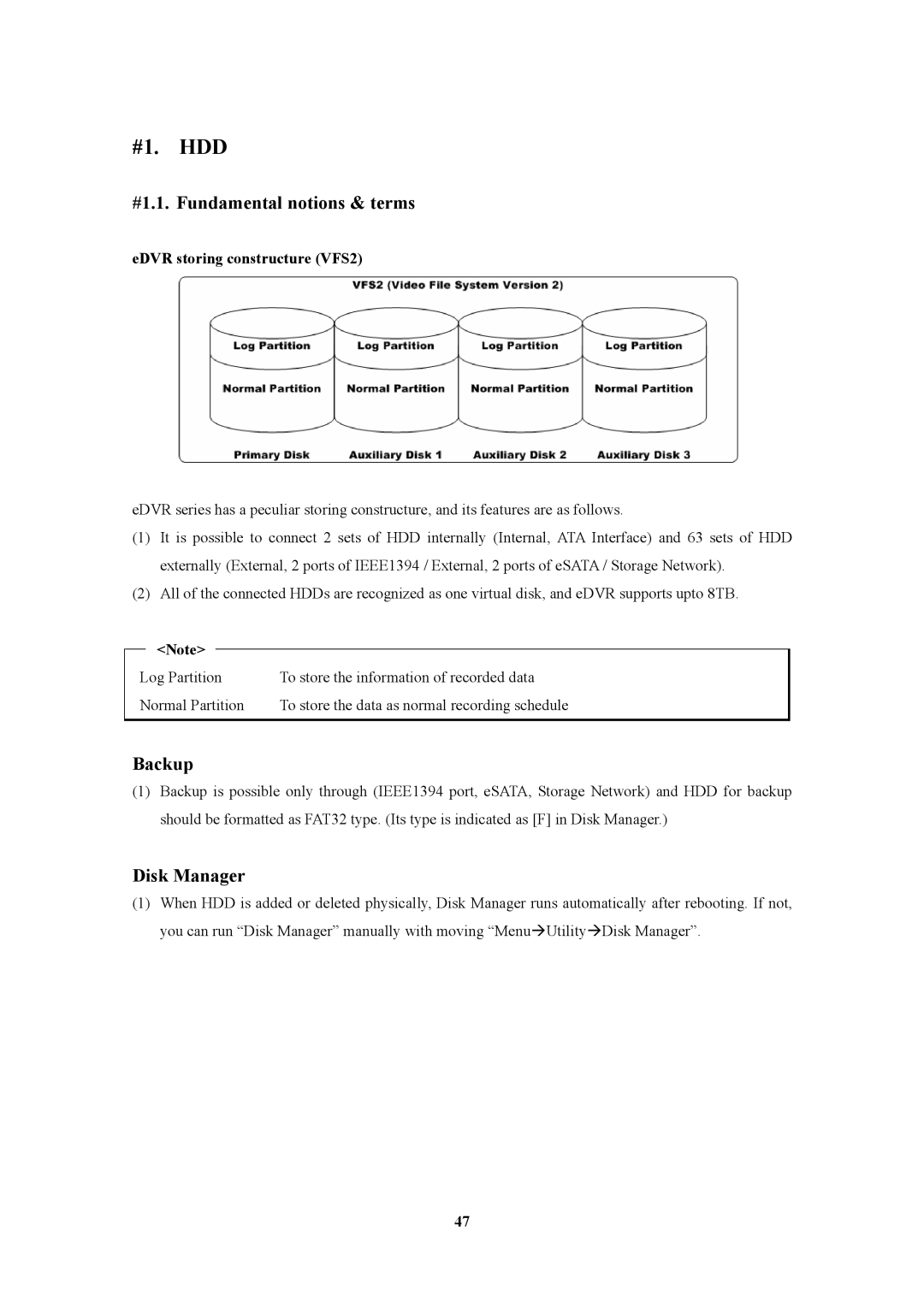 Pelican MD3200M manual #1. HDD, #1.1. Fundamental notions & terms, Backup, Disk Manager, EDVR storing constructure VFS2 