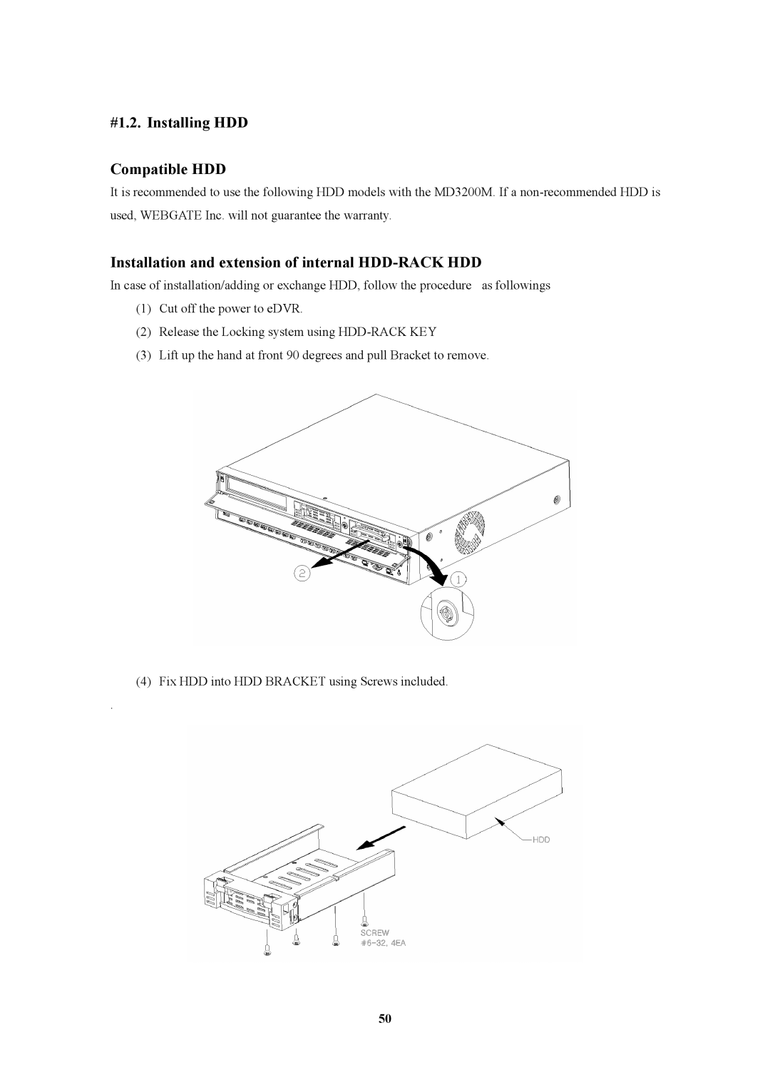 Pelican MD3200M manual #1.2. Installing HDD Compatible HDD, Installation and extension of internal HDD-RACK HDD 