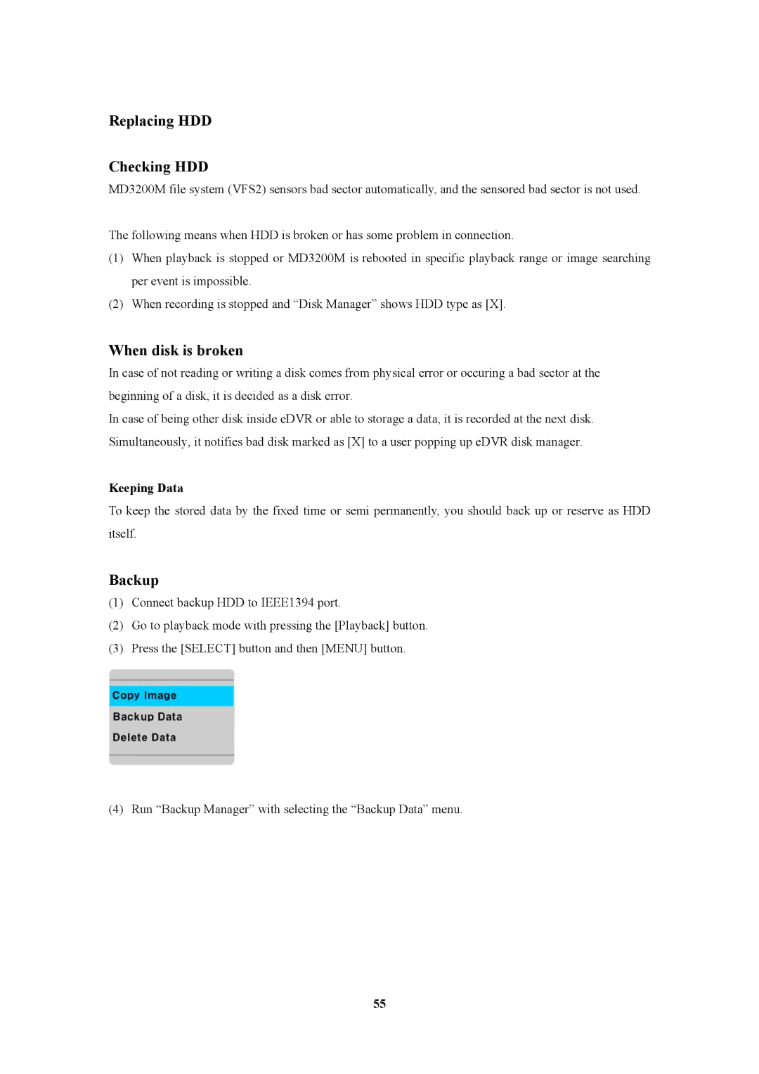 Pelican MD3200M manual Replacing HDD Checking HDD, When disk is broken, Keeping Data 