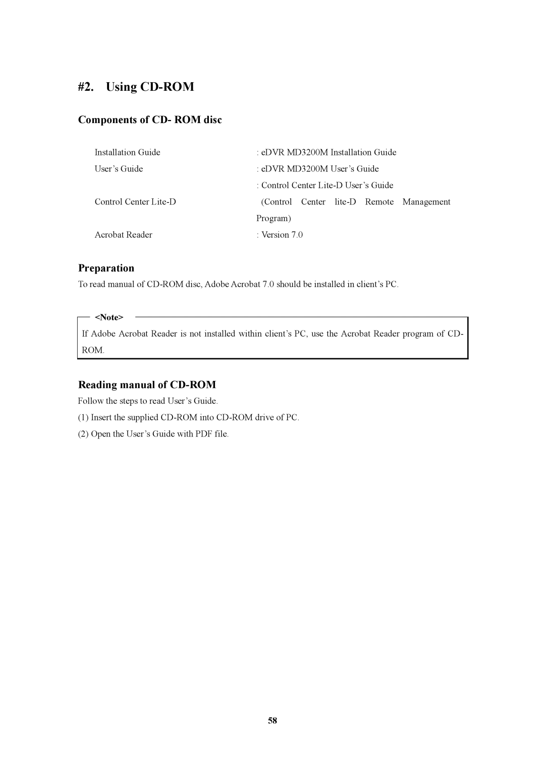 Pelican MD3200M #2. Using CD-ROM, Components of CD- ROM disc, Preparation, Reading manual of CD-ROM 