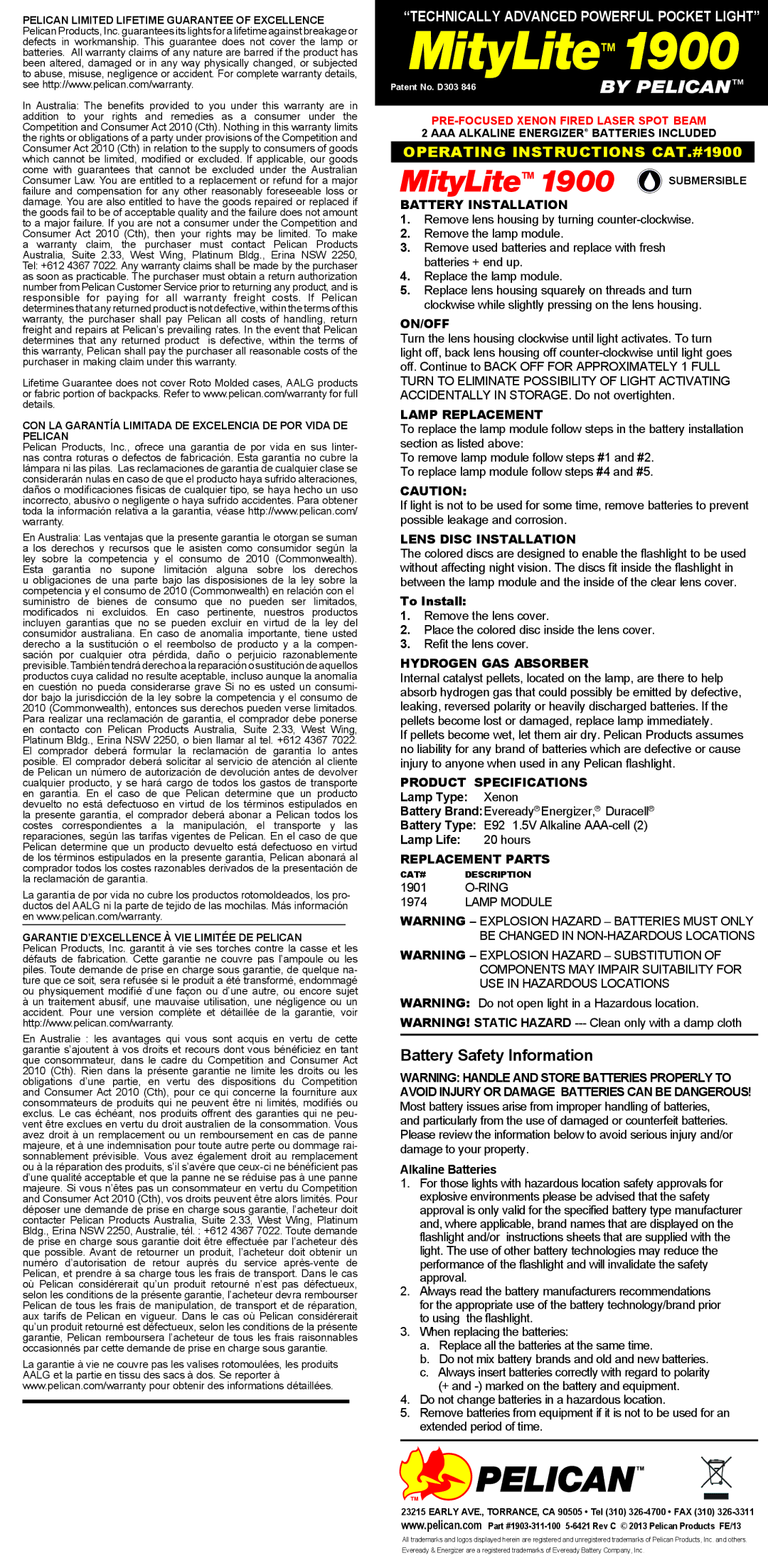 Pelican 1900 specifications On/Off, Lamp Replacement, Lens Disc Installation, Hydrogen GAS Absorber, Replacement Parts 