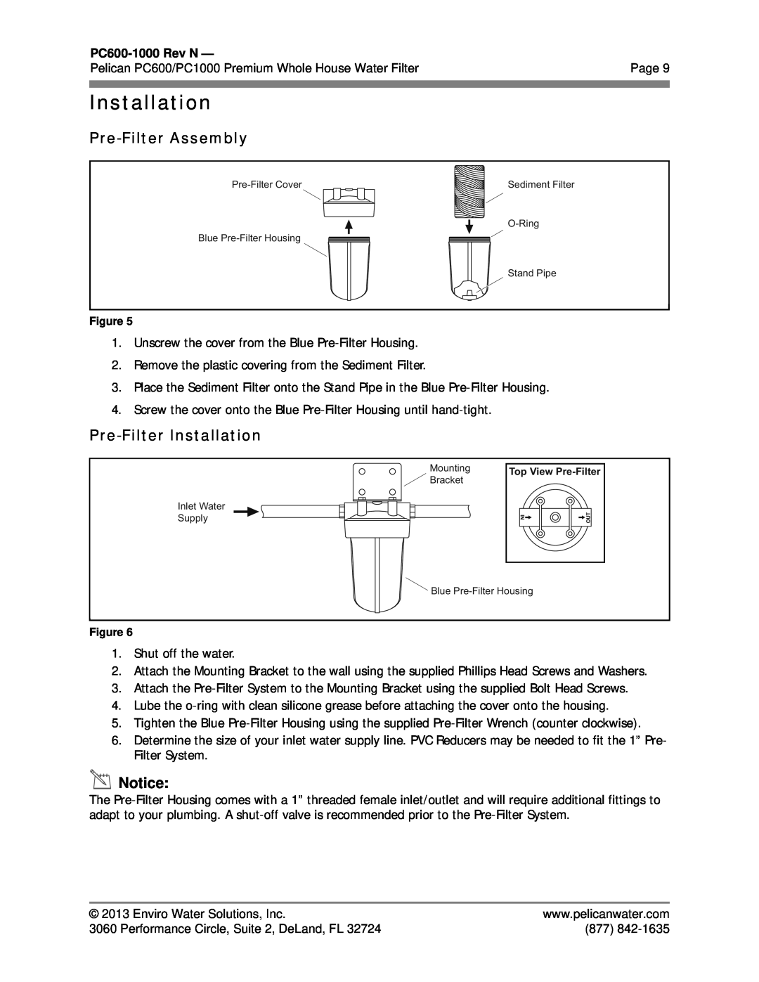 Pelican manual Pre-FilterAssembly, Pre-FilterInstallation, PC600-1000Rev N, Page 