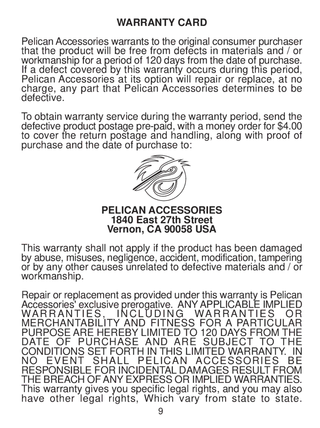 Pelican PL-2006 manual Warranty Card 