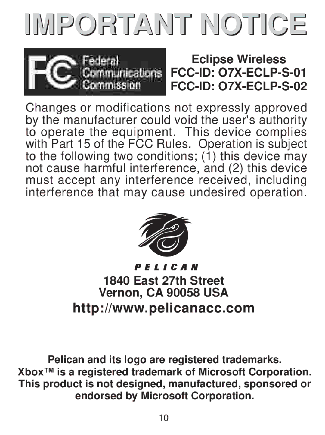 Pelican PL-2006 manual Eclipse Wireless, East 27th Street Vernon, CA 90058 USA 