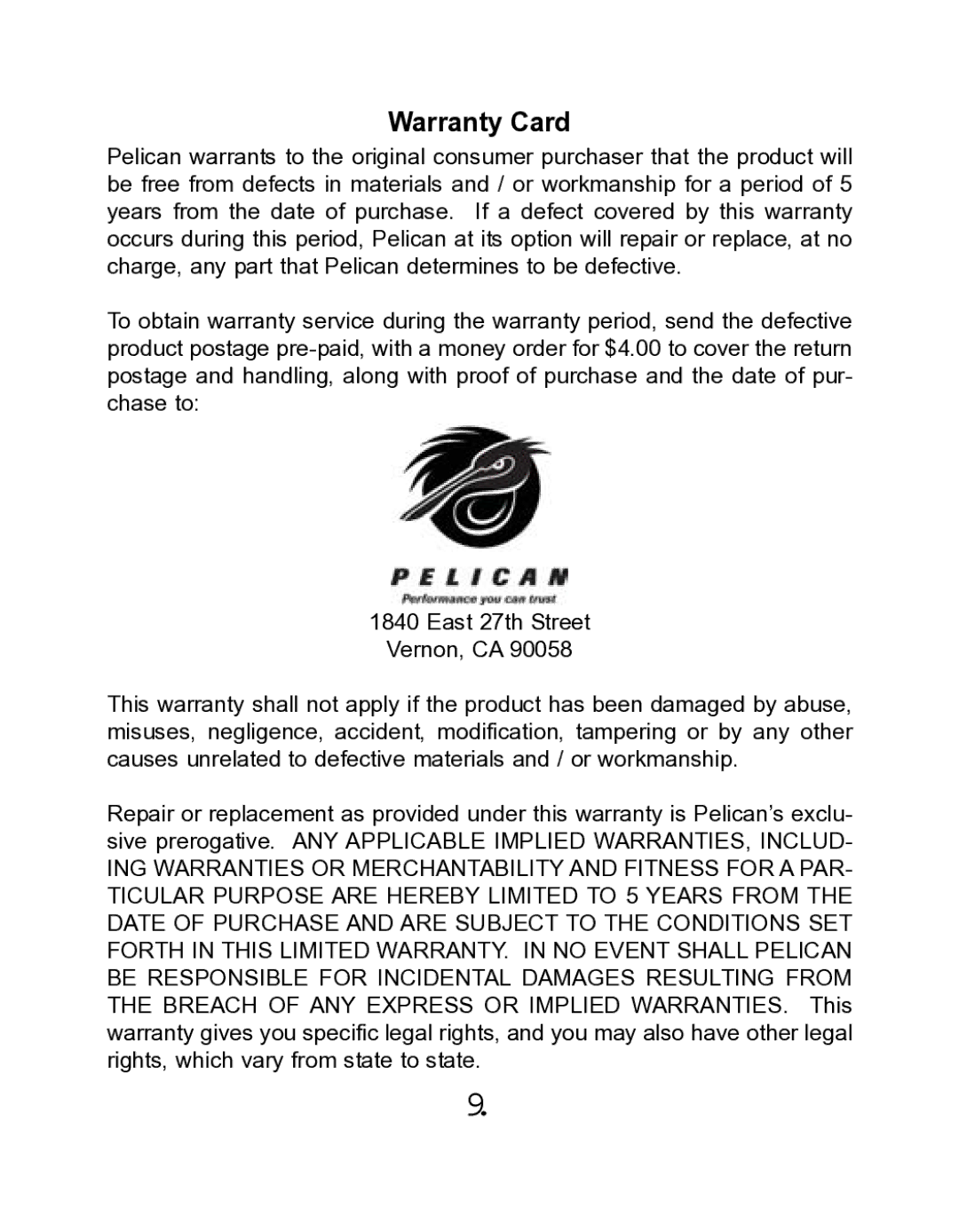 Pelican PL-678 manual Warranty Card 