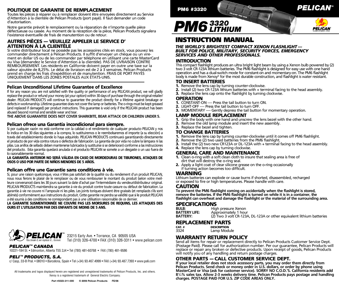 Pelican PM6 #3320 instruction manual Politique DE Garantie DE Remplacement, Introduction, To Insert Batteries, Operation 