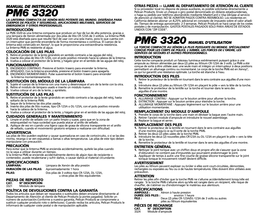 Pelican PM6 #3320 Introducción, Colocación DE LAS Pilas, Funcionamiento, Sustitución DEL Módulo DE LA Lámpara, Advertencia 