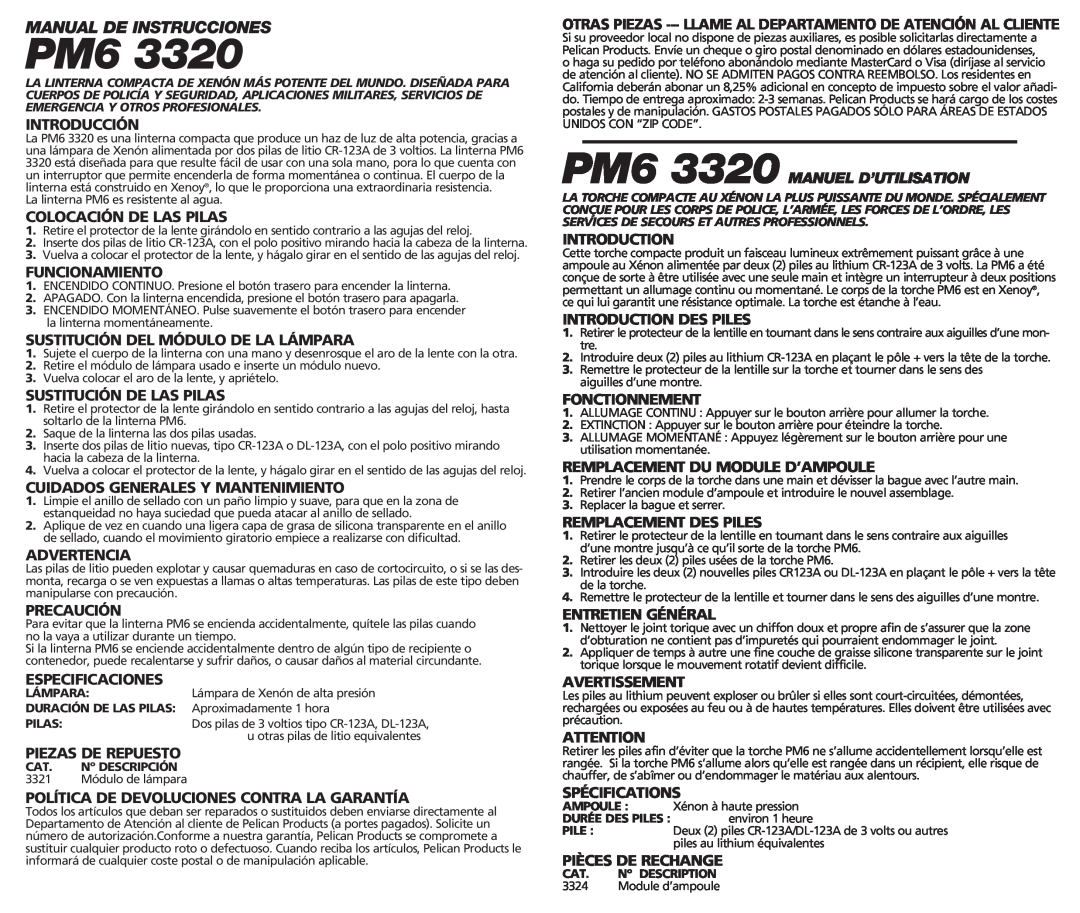 Pelican PM6 #3320 instruction manual Manual De Instrucciones, PM6 3320 MANUEL D’UTILISATION 