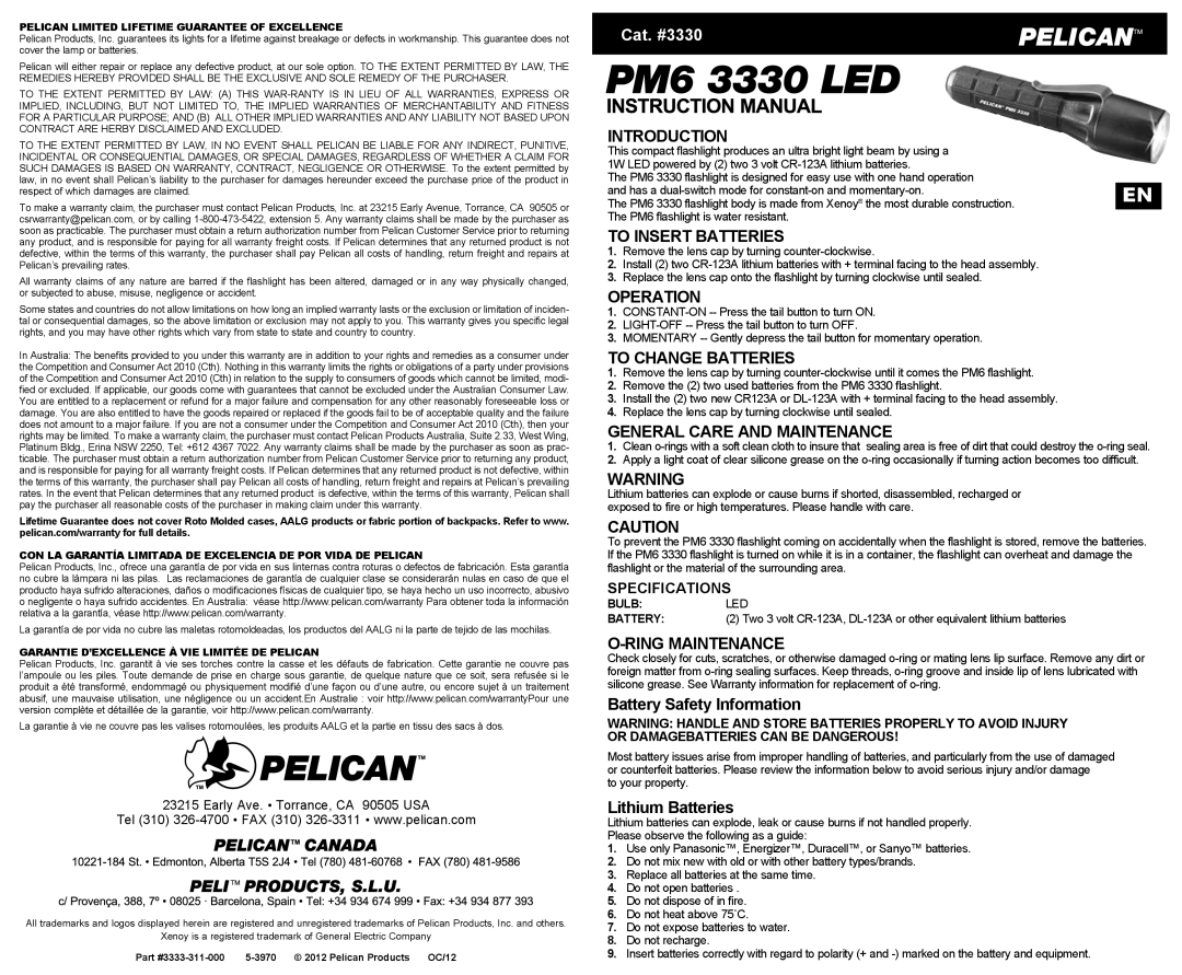 Pelican PM6 3330 specifications Introduction, To Insert Batteries, Operation, To Change Batteries, Ring Maintenance 