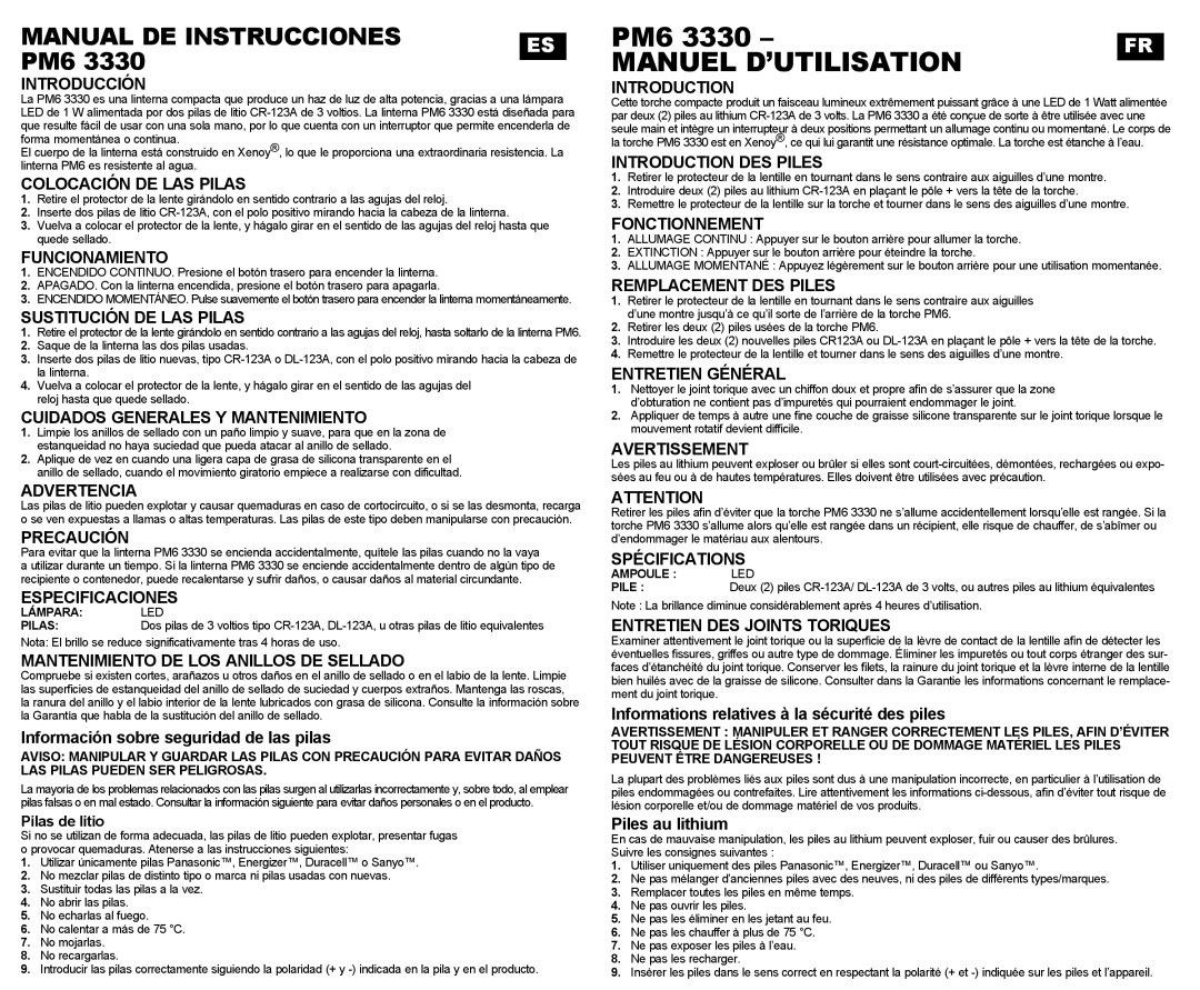 Pelican PM6 3330 Introducción, Colocación DE LAS Pilas, Funcionamiento, Sustitución DE LAS Pilas, Advertencia, Precaución 