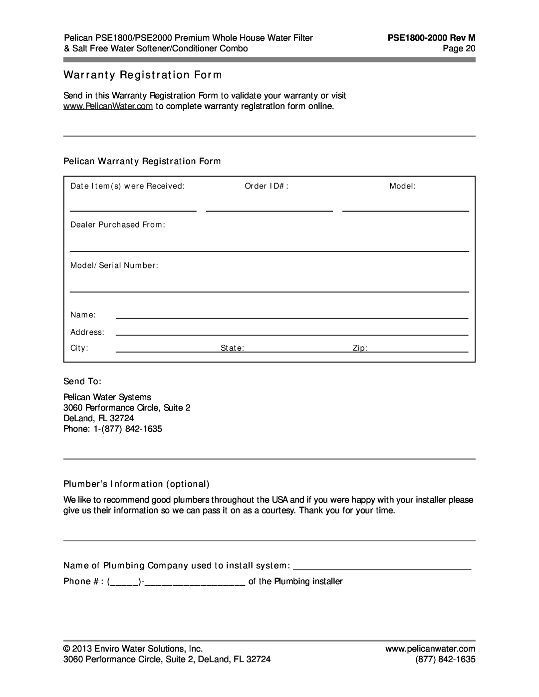 Pelican PSE2000 PSE1800-2000Rev M, Pelican Warranty Registration Form, Send To, Plumber’s Information optional 