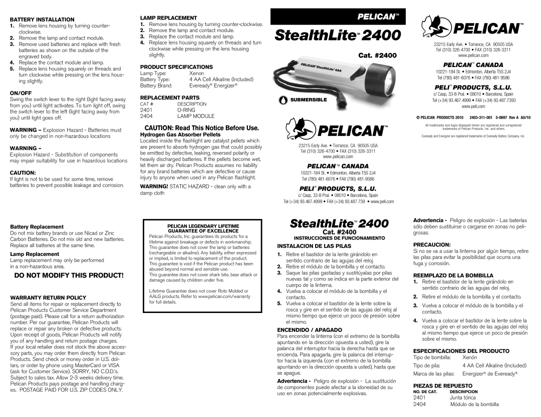 Pelican StealthLite2400 specifications Battery Installation, On/Off, Warranty Return Policy, Lamp Replacement, Precaucion 