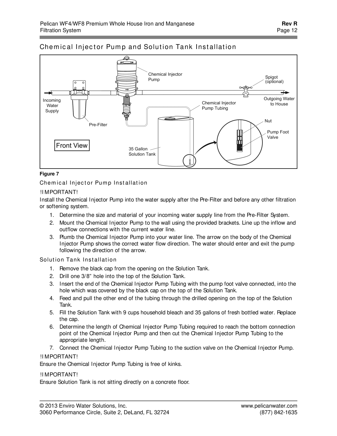 Pelican WF4 owner manual Chemical Injector Pump and Solution Tank Installation, Chemical Injector Pump Installation 