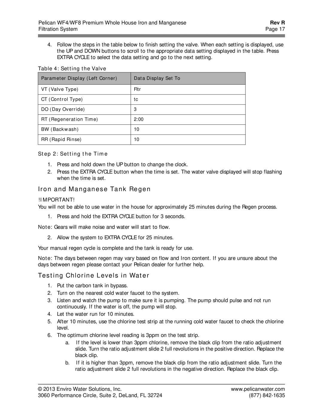 Pelican WF4 Iron and Manganese Tank Regen, Testing Chlorine Levels in Water, Setting the Valve, Setting the Time 