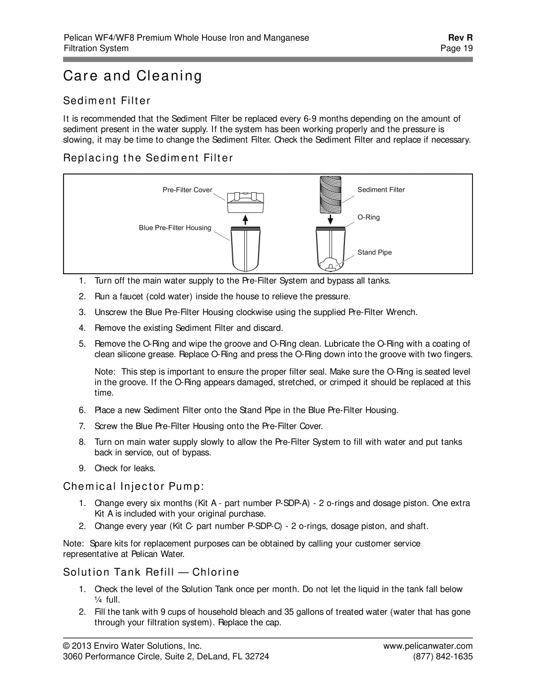 Pelican WF4 Care and Cleaning, Replacing the Sediment Filter, Chemical Injector Pump, Solution Tank Refill Chlorine 