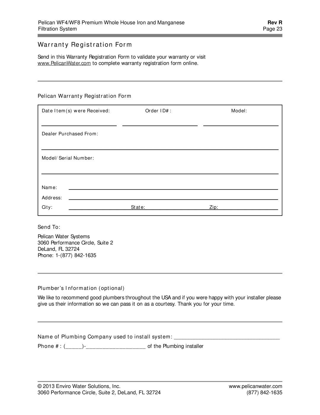 Pelican WF4 owner manual Pelican Warranty Registration Form, Send To, Plumber’s Information optional 