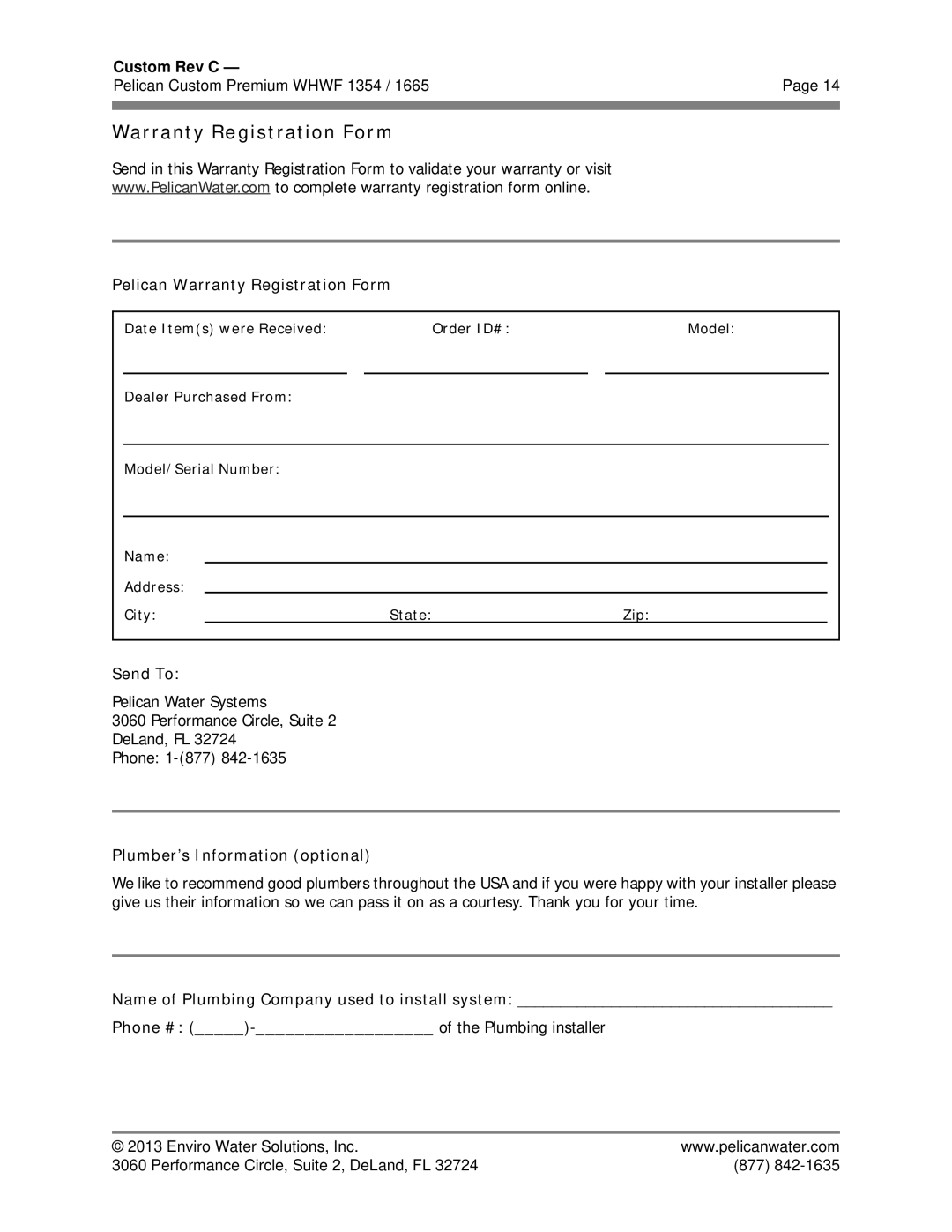 Pelican WHWF 1354 owner manual Pelican Warranty Registration Form 