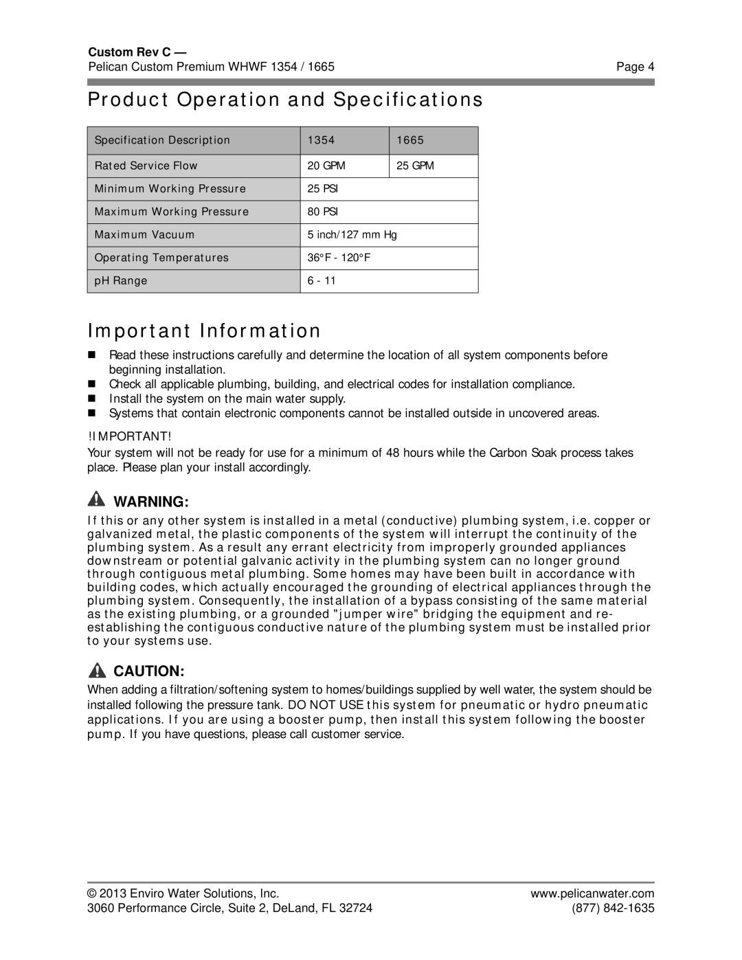 Pelican WHWF 1354 owner manual Product Operation and Specifications, Important Information 