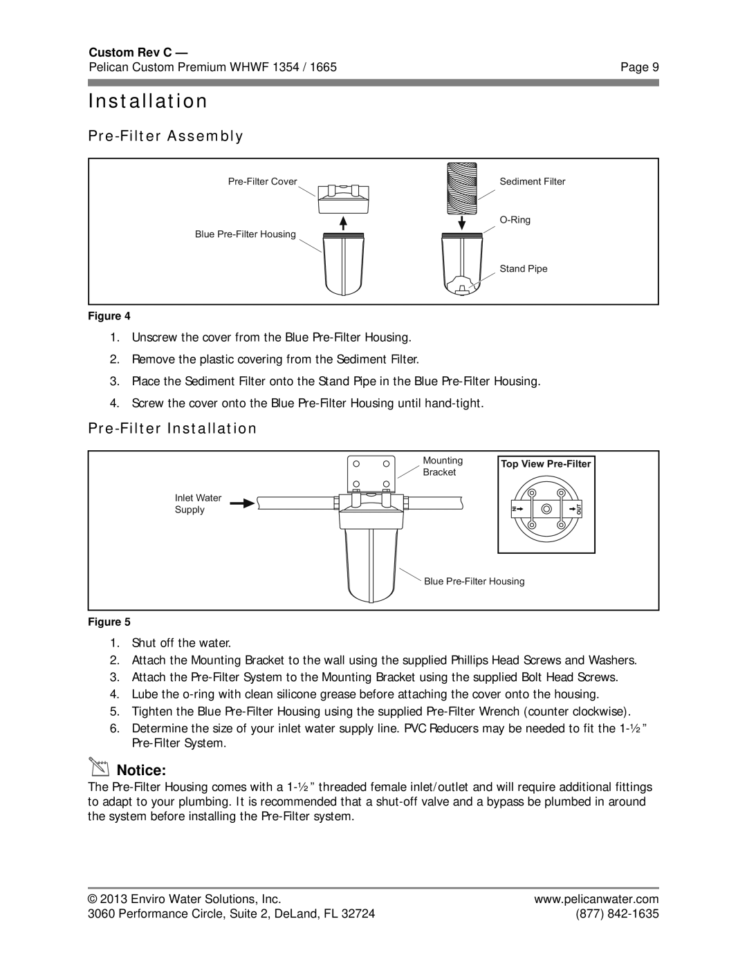 Pelican WHWF 1354 owner manual Pre-Filter Assembly, Pre-Filter Installation 