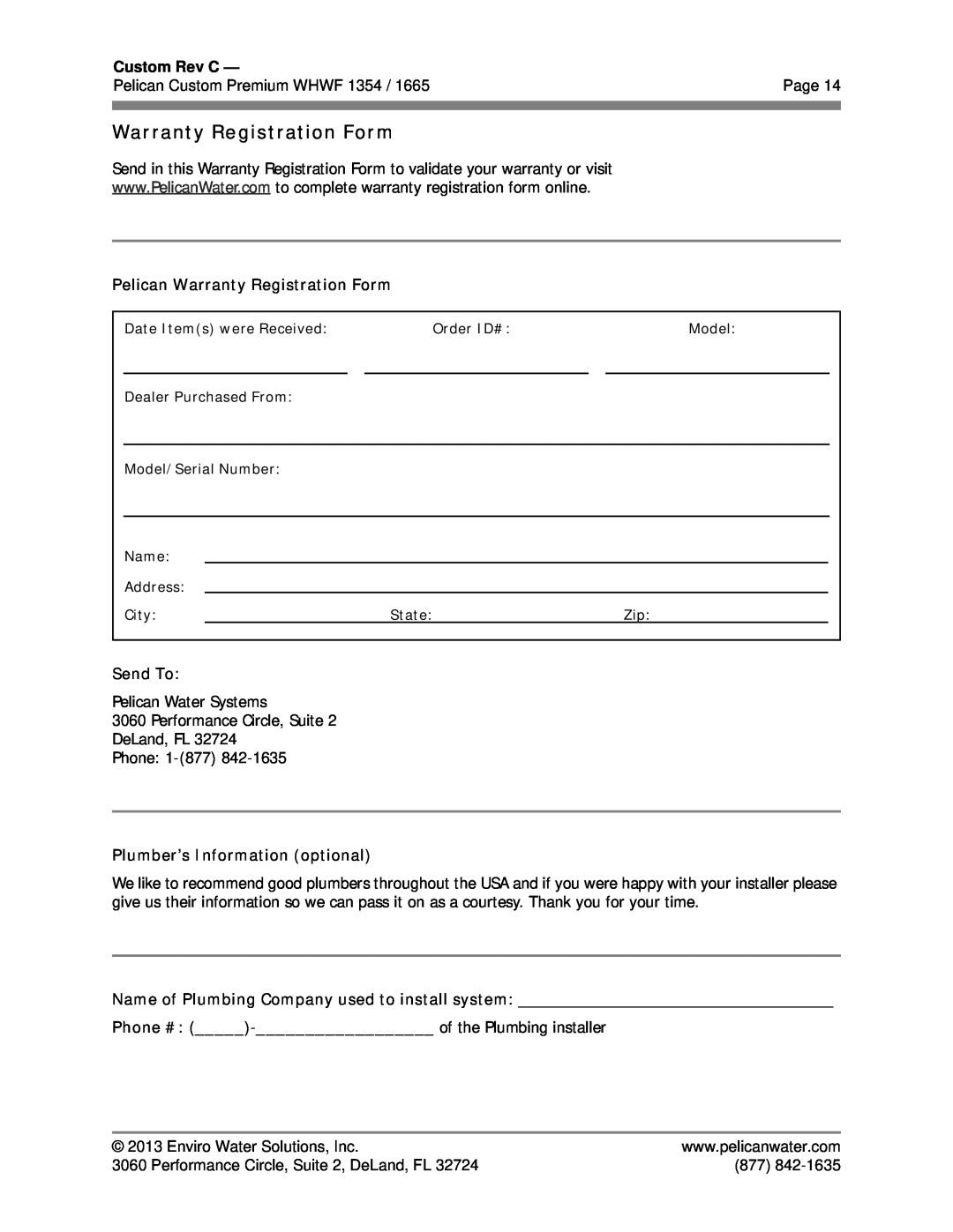 Pelican WHWF 1354 Custom Rev C, Pelican Warranty Registration Form, Send To, Plumber’s Information optional 