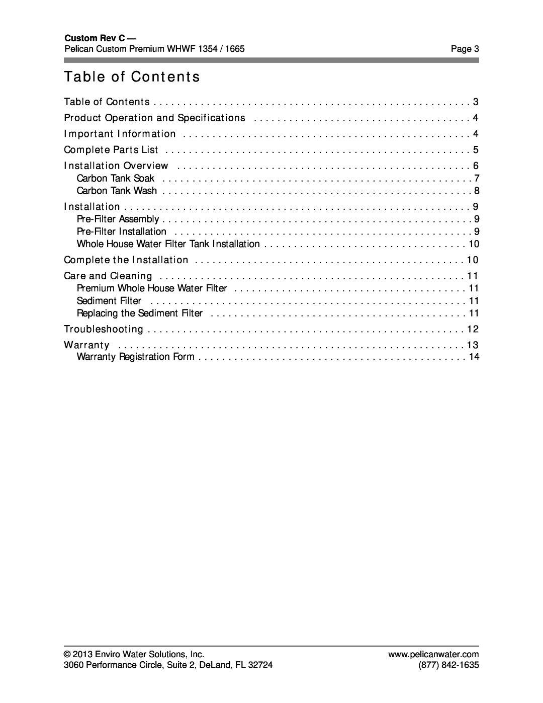 Pelican WHWF 1354 owner manual Table of Contents 