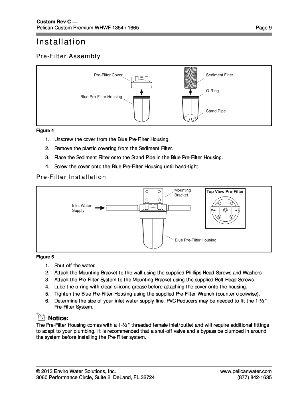 Pelican WHWF 1354 owner manual Pre-FilterAssembly, Pre-FilterInstallation, Custom Rev C 