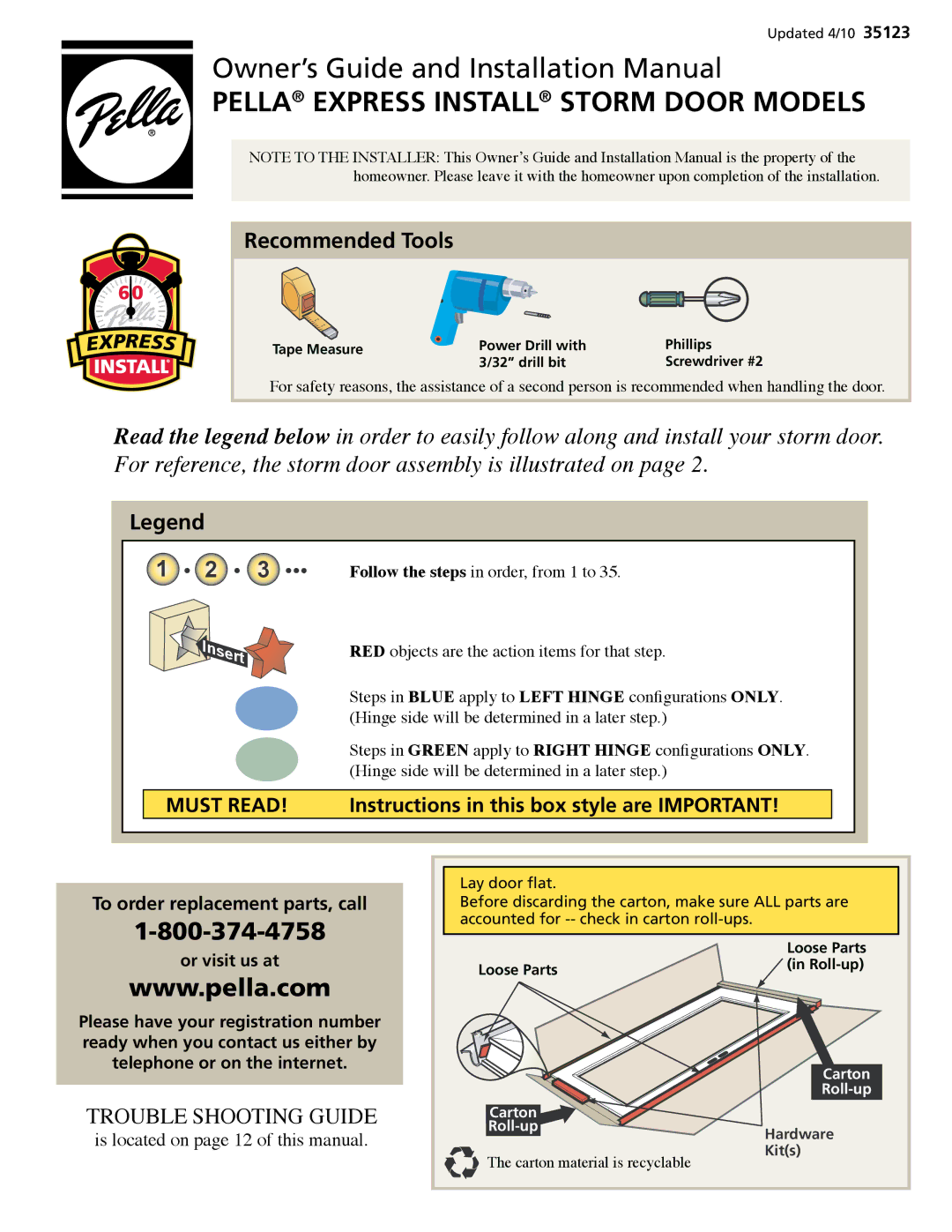 Pella 35123 installation manual Recommended Tools, To order replacement parts, call 