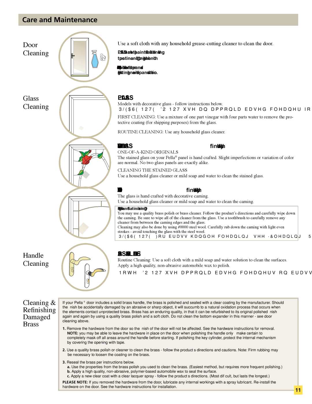 Pella 35123 installation manual Care and Maintenance, Door Cleaning Glass 